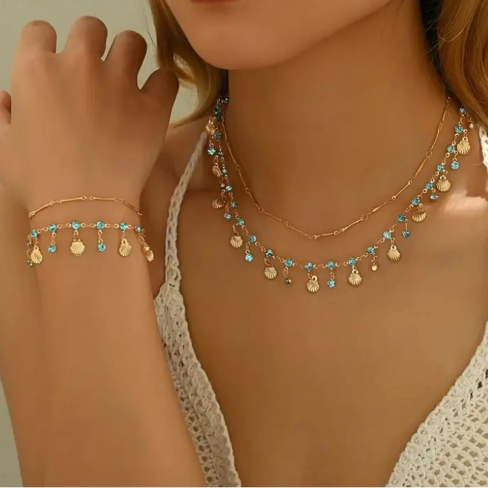 Blue Crystal & Shell Gold Toned Necklace & Bracelet Set - Picture 3 of 5